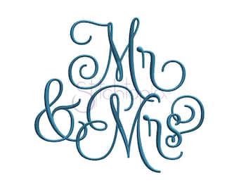 Puede incluir: Un diseño de fuente cursiva azul con el texto "Mr. & Mrs."