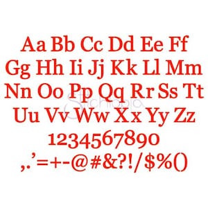 K&ouml;nnte beinhalten: Rotes Alphabet mit Gro&szlig;- und Kleinbuchstaben, Zahlen von 0 bis 9 und Satzzeichen. Die Schriftart ist ein klassischer Serif-Stil.
