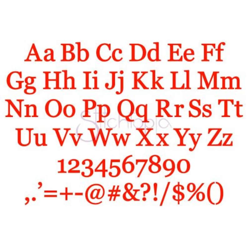 K&ouml;nnte beinhalten: Rotes Alphabet mit Gro&szlig;- und Kleinbuchstaben, Zahlen von 0 bis 9 und Satzzeichen. Die Schriftart ist ein klassischer Serif-Stil.