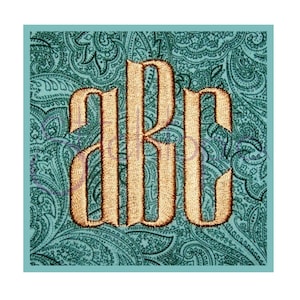 May include: A monogram embroidered on a teal paisley fabric background. The monogram is in a traditional font and is made up of the letters "ABC" in gold thread.