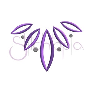 May include: Purple embroidery design with five leaf-like shapes and four small silver circles.