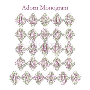 May include: A set of 26 monogram letters in a decorative font with a floral design. The letters are in a pink color and the floral design is in a green color.