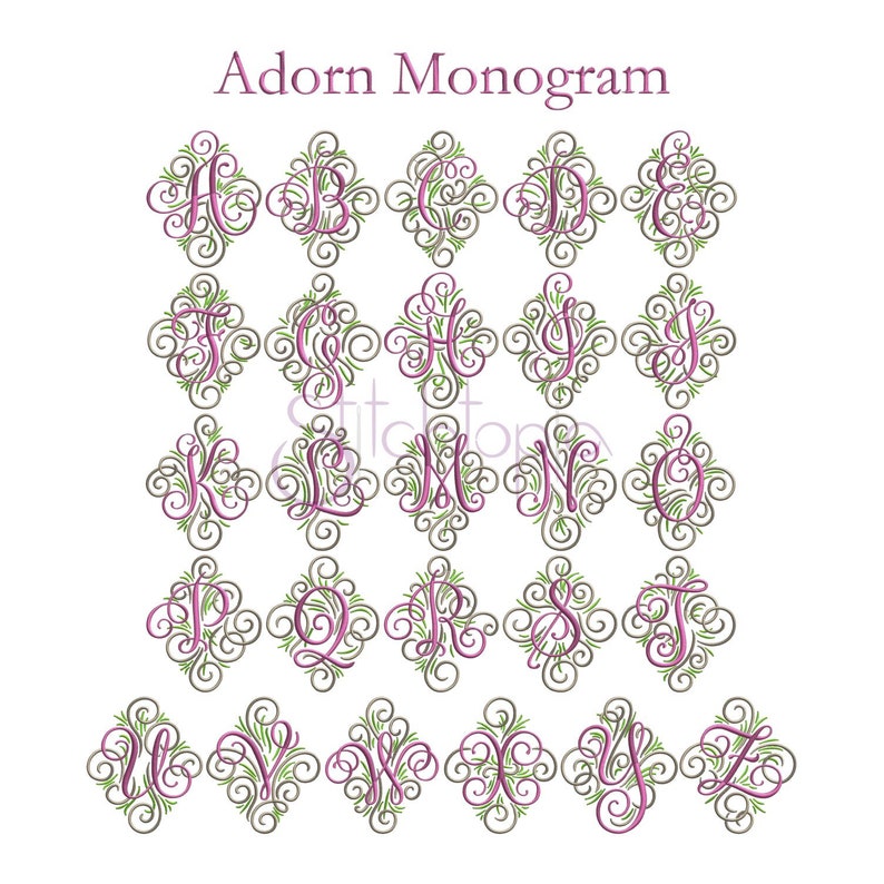 May include: A set of 26 monogram letters in a decorative font with a floral design. The letters are in a pink color and the floral design is in a green color.