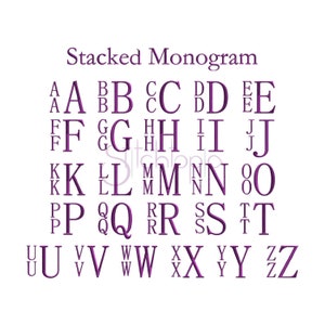 May include: A chart of the alphabet in uppercase letters, stacked on top of each other. The letters are in a purple color and are set against a white background. The text "Stacked Monogram" is at the top of the chart.
