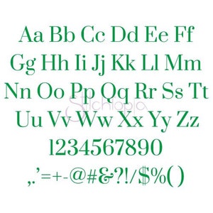 May include: Green font alphabet with uppercase letters, lowercase letters, numbers 1 through 9 and 0, and punctuation marks including comma, period, apostrophe, equals sign, plus sign, minus sign, at symbol, number sign, ampersand, question mark, exclamation point, forward slash, dollar sign, percent sign, and parentheses.