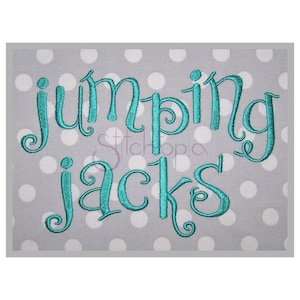 May include: Teal blue embroidered text on a gray background with white polka dots that reads "jumping jacks".