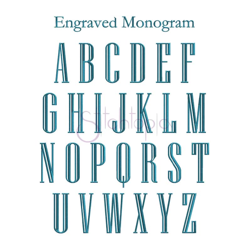May include: Engraved Monogram alphabet in a teal blue color. The letters are in a bold, blocky font style.