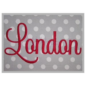 May include: Red embroidered cursive font spelling the name "London" on a gray background with white polka dots.