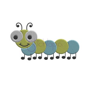 May include: A green and blue caterpillar with a smiling face and large eyes. The caterpillar has black legs and is made of felt.