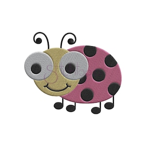 May include: A pink ladybug with black spots and a yellow face with big grey eyes and a smile. The ladybug has six black legs.