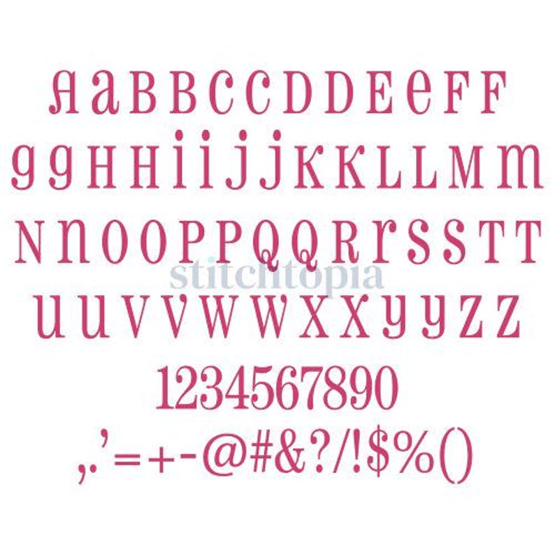 May include: A pink alphabet font with uppercase letters, numbers, and punctuation marks. The font is a classic serif style.