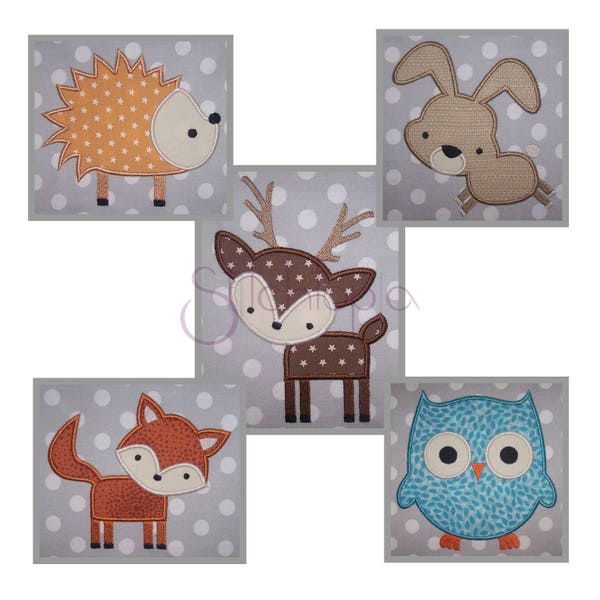 Forest Animals Applique Design Bundle Set - 5 Designs 10 Formats Owl Bunny Deer Hedgehog Fox Machine Applique - Instant Download Files