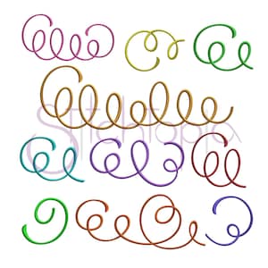 May include: A set of 10 colorful swirl designs, perfect for embroidery or crafting projects. The swirls are in various colors, including green, yellow, purple, blue, and red.