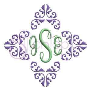 May include: A monogram design with a green "S" in the center and purple floral accents around the edges.
