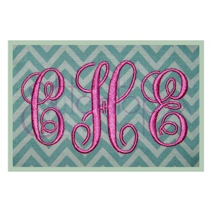 May include: A monogram with the letters C, H, and E in a cursive font. The letters are pink and are embroidered on a turquoise and white chevron patterned fabric.