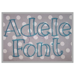 Puede incluir: Primer plano de una fuente bordada en azul turquesa que dice "Adele Font" sobre un fondo gris con lunares blancos.