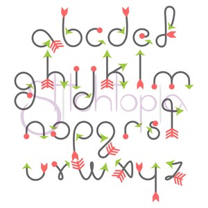 May include: An alphabet with each letter formed by a gray line with a red dot and an arrow at the end. The arrows are green and red.