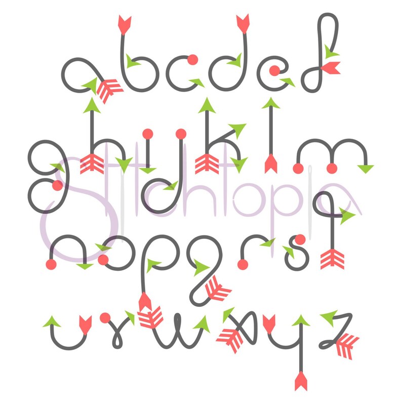 May include: An alphabet with each letter formed by a gray line with a red dot and an arrow at the end. The arrows are green and red.