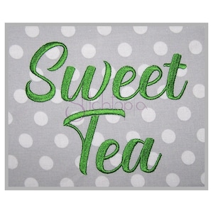 May include: Green embroidered text on a gray background with white polka dots that reads "Sweet Tea".