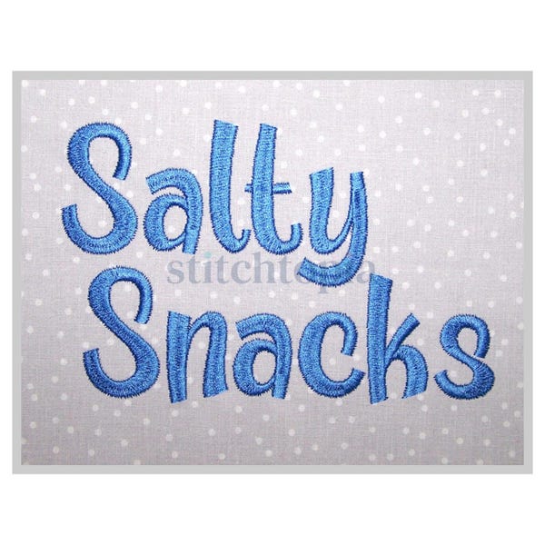 Salty Snacks Stickerei Schriftart .75"1"1.25 1.5 2"Format bx dst exp hus jef pes sew shv vip vp3 xxx Maschinenstickerei Schrift Sofort Download