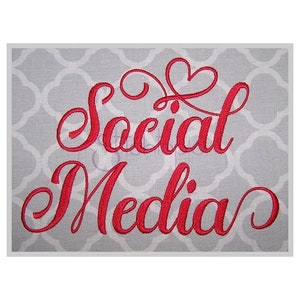 May include: Red cursive text on a gray background that reads "Social Media" with a heart symbol above the word "Social".