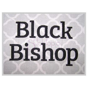 Puede incluir: Texto bordado en blanco y negro sobre un fondo de tela gris. El texto dice "Black Bishop".