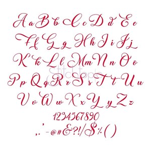 May include: A red cursive font alphabet with uppercase and lowercase letters, numbers 1-9 and 0, and punctuation marks including a comma, period, hyphen, at symbol, number sign, ampersand, question mark, exclamation point, forward slash, dollar sign, percent sign, and parentheses.