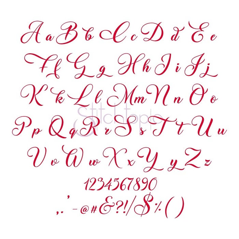 May include: A red cursive font alphabet with uppercase and lowercase letters, numbers 1-9 and 0, and punctuation marks including a comma, period, hyphen, at symbol, number sign, ampersand, question mark, exclamation point, forward slash, dollar sign, percent sign, and parentheses.