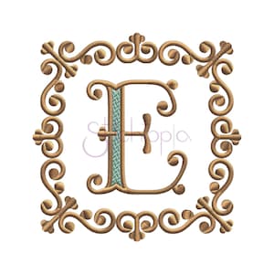 May include: A gold embroidered letter E with a decorative border. The letter is in a square frame with a scroll design.