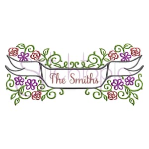 May include: A white banner with a gray border and the text "The Smiths" in a pink font. The banner is decorated with green vines and pink and red flowers.