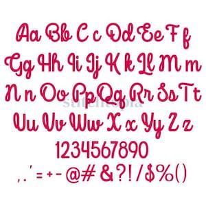 May include: A font alphabet with uppercase and lowercase letters, numbers, and punctuation marks in a bright pink colour.