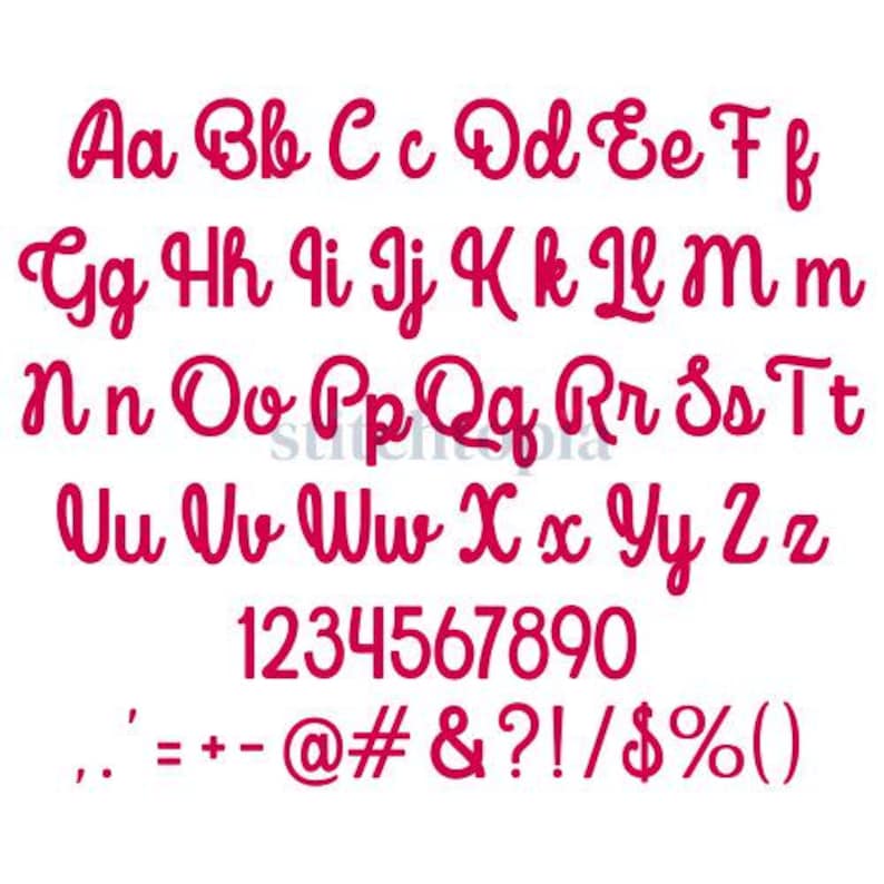 May include: A font alphabet with uppercase and lowercase letters, numbers, and punctuation marks in a bright pink colour.