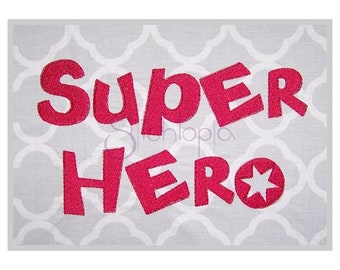 May include: Embroidered design on a gray fabric background. The design says "SUPER HERO" in red with a red star.