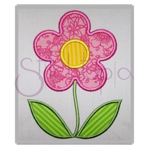 May include: A pink flower with a yellow center and green leaves. The flower has a patterned design and the leaves have stripes.