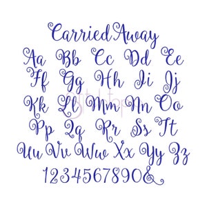 May include: A blue font alphabet with cursive letters and numbers. The text "Carried Away" is at the top of the image.