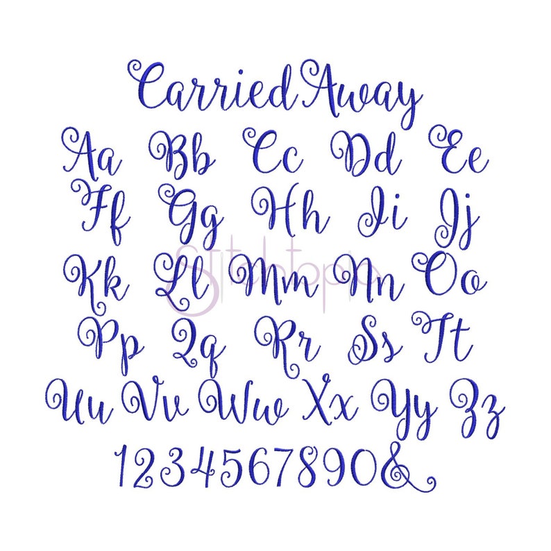 May include: A blue font alphabet with cursive letters and numbers. The text "Carried Away" is at the top of the image.