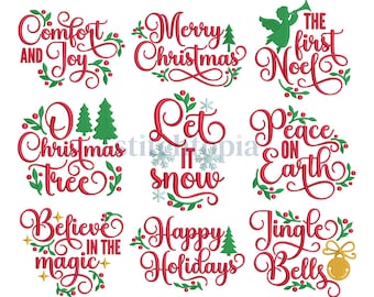 May include: A collection of nine Christmas-themed designs in red and green. Each design features festive phrases like "Comfort and Joy," "Merry Christmas," and "Jingle Bells," with decorative elements such as holly, snowflakes, and Christmas trees.