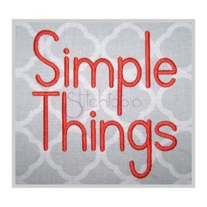 May include: Embroidered design with the text "Simple Things" in red thread on a gray background.