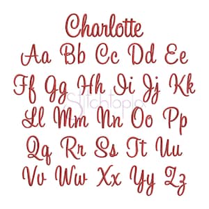 May include: A red embroidered alphabet with the word "Charlotte" at the top.