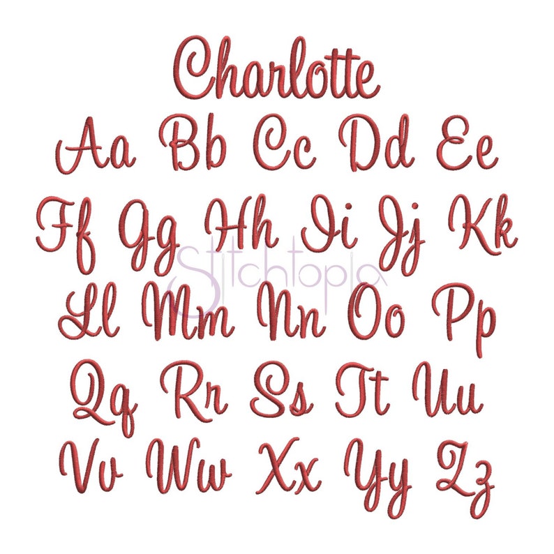 May include: A red embroidered alphabet with the word "Charlotte" at the top.