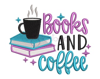 Books And Coffee Embroidery Design - 6 Sizes Formats dst exp hus jef pes sew shv vip vp3 xxx Machine Embroidery Design - Instant Download