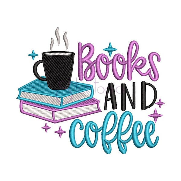 Books And Coffee Embroidery Design - 6 Sizes Formats dst exp hus jef pes sew shv vip vp3 xxx Machine Embroidery Design - Instant Download