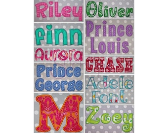 May include: A collection of embroidered names in various colors and patterns. The names include Riley, Oliver, Finn, Prince, Louis, Aurora, Chase, George, Adele, Font, and Zoey.