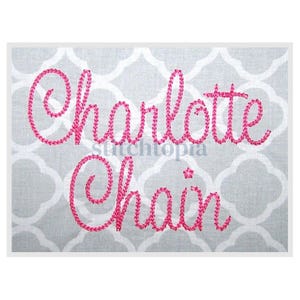 May include: Embroidered design with the names "Charlotte" and "Chain" in pink thread on a gray fabric background.