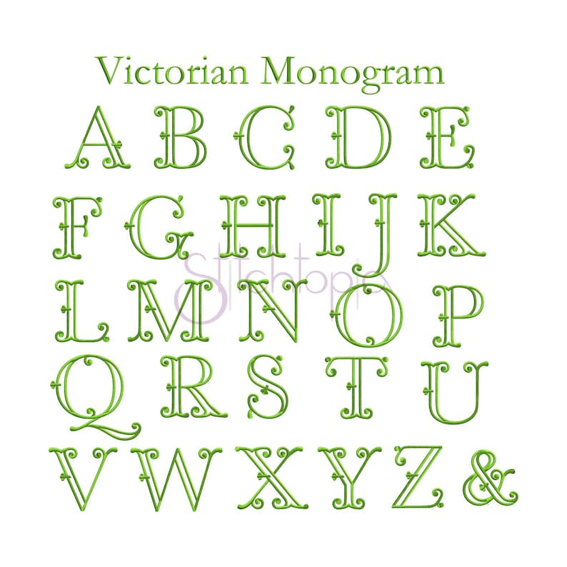 May include: Victorian monogram alphabet in green. The letters are stylized with decorative flourishes. The alphabet includes all 26 letters and an ampersand.