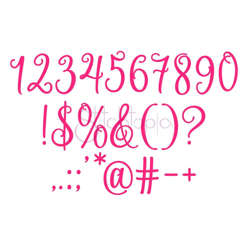 K&ouml;nnte beinhalten: Eine rosa Schriftart mit den Zahlen 1 bis 0, Satzzeichen und Symbolen. Die Schriftart ist kursiv und hat einen verspielten Stil.