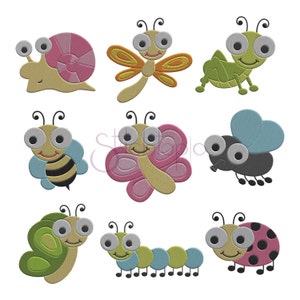 May include: Nine colorful cartoon insect illustrations with large eyes. The insects include a snail, dragonfly, grasshopper, bee, butterfly, fly, caterpillar, and ladybug.
