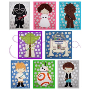 May include: A set of nine colorful square images featuring characters from Star Wars. Each image has a white polka dot background. The characters include Darth Vader, Princess Leia, Chewbacca, Yoda, R2-D2, BB-8, Luke Skywalker, Han Solo, and a lightsaber.