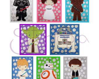 Puede incluir: Un conjunto de nueve imágenes cuadradas coloridas con personajes de Star Wars. Cada imagen tiene un fondo de lunares blancos. Los personajes incluyen Darth Vader, la princesa Leia, Chewbacca, Yoda, R2-D2, BB-8, Luke Skywalker, Han Solo y un sable de luz.