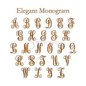 May include: A set of 26 elegant monogram letters in a cursive font, displayed in alphabetical order. The letters are a golden brown color and are set against a white background.